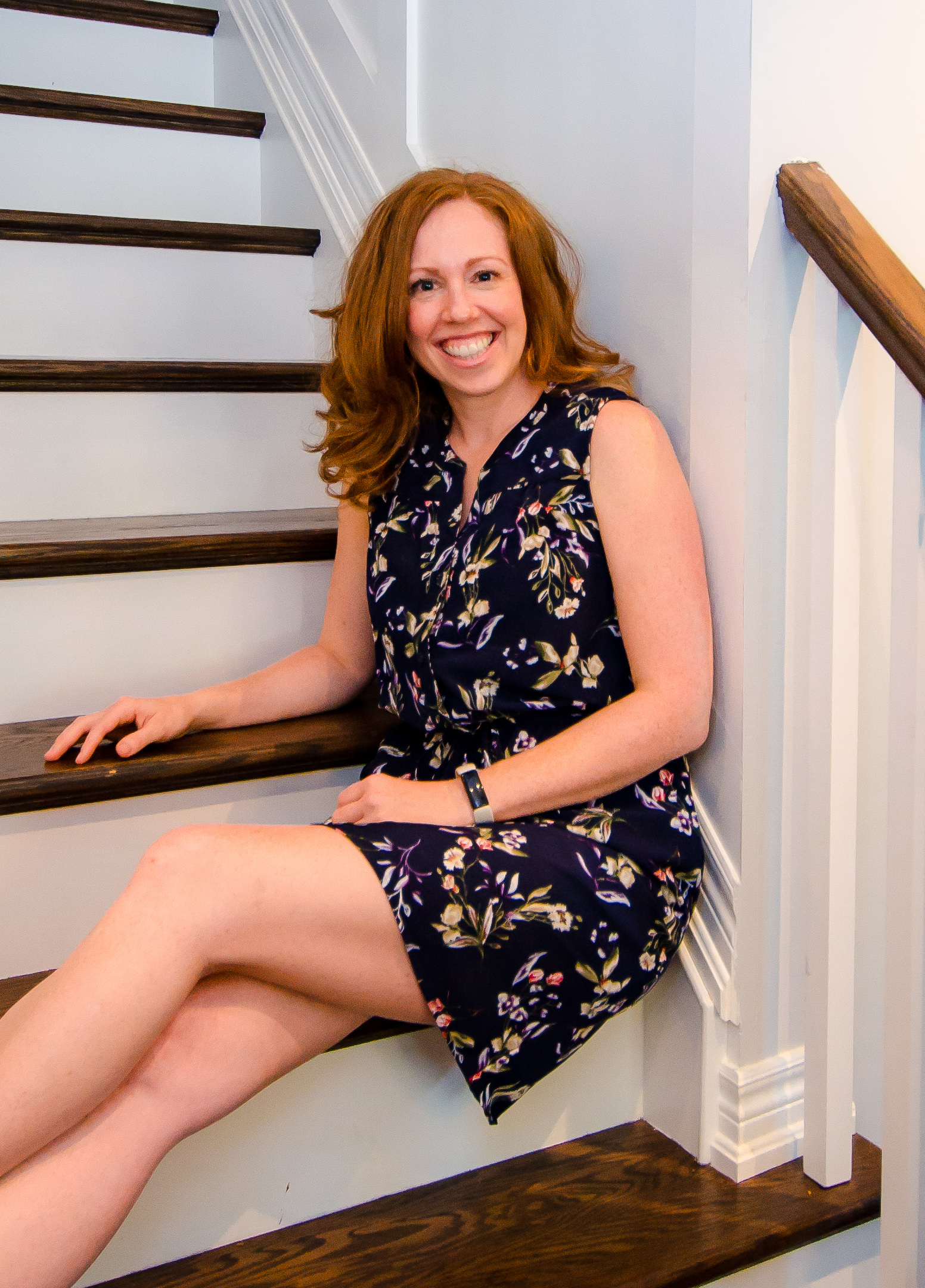 Karen McMillan on some interior stairs.