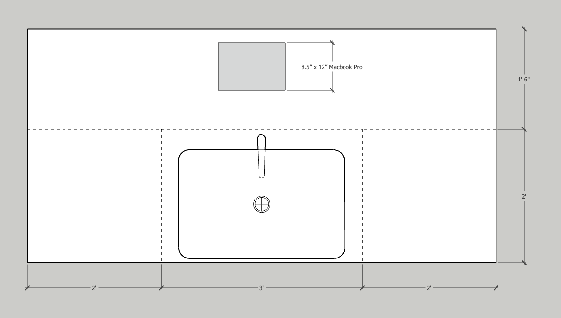 2D plan model of a 7' kitchen island with single large sink in the middle and two 24-inch cabinets.