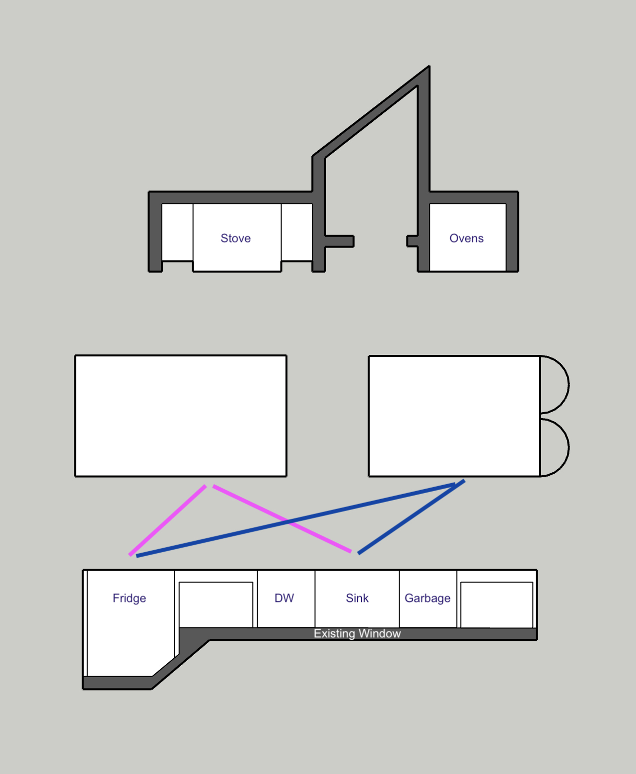 Layout plan showing two pathways to two potential prep areas.