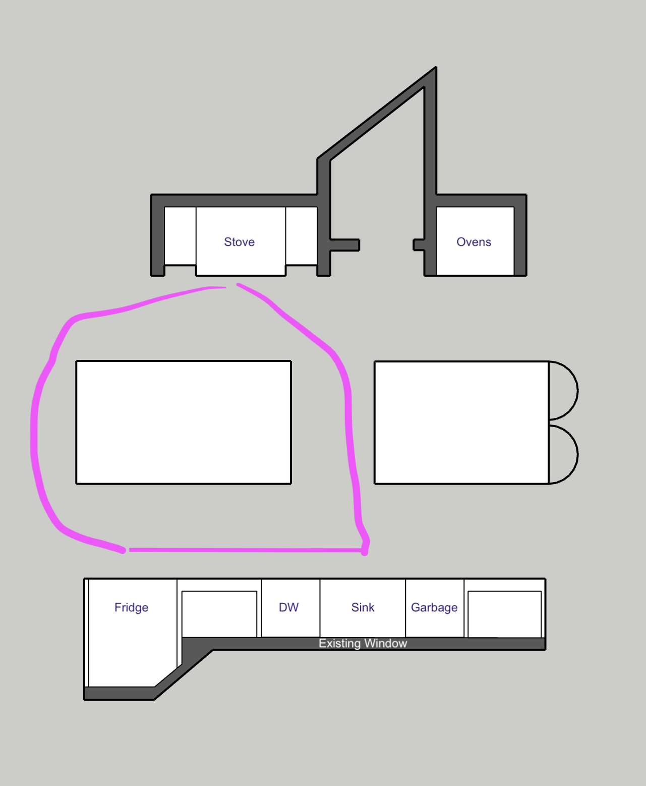 Layout plan showing two pathways to two potential prep areas.