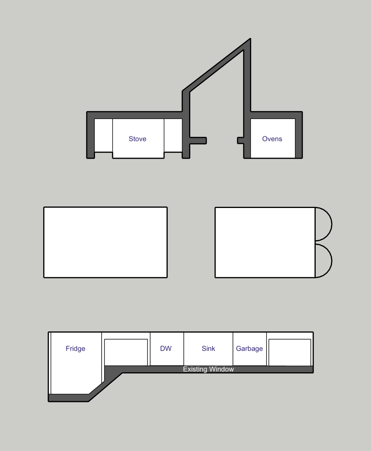 2D plan view of the double-island galley kitchen layout