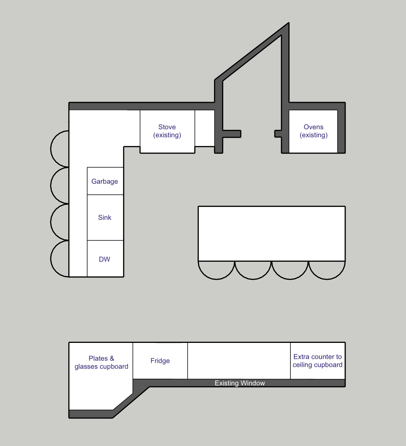 Recommended layout plan for how to improve the double island galley kitchen